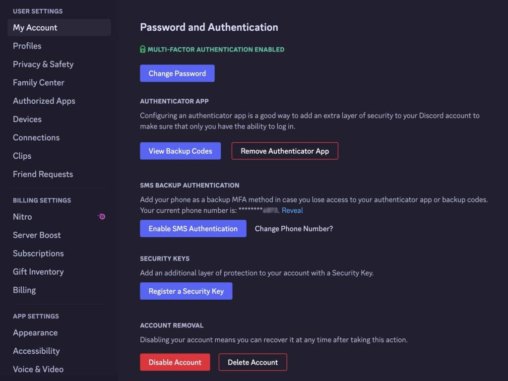 a screenshot of the password and authentication page on Discord