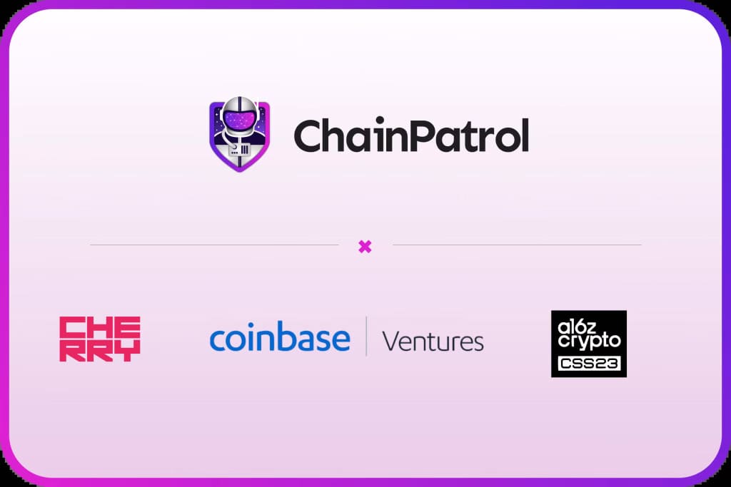 A purple, grey and black logo of an astronaut along with text reading "ChainPatrol." Logos below for Cherry, Coinbase, Ventures, a16z. All on a pink background