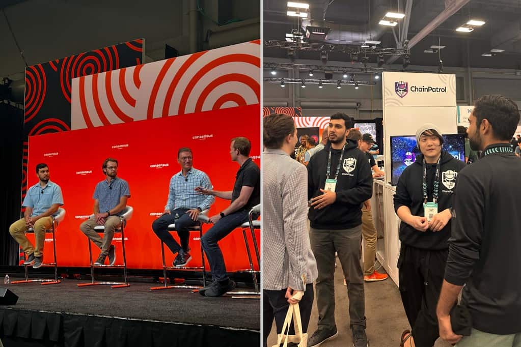 4 men sitting on a stage for a panel in front of a red background, and 4 men standing at a booth talking