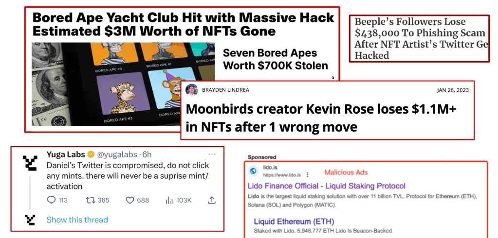 screenshots of headlines summarizing brands that have been targeted by phishing scams