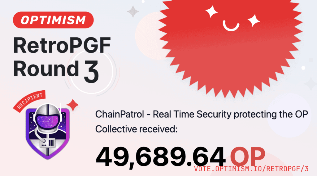 a graphic showing the chainpatrol logo and text that reads "Optimism Retropgf Round 3, 49689 OP received"