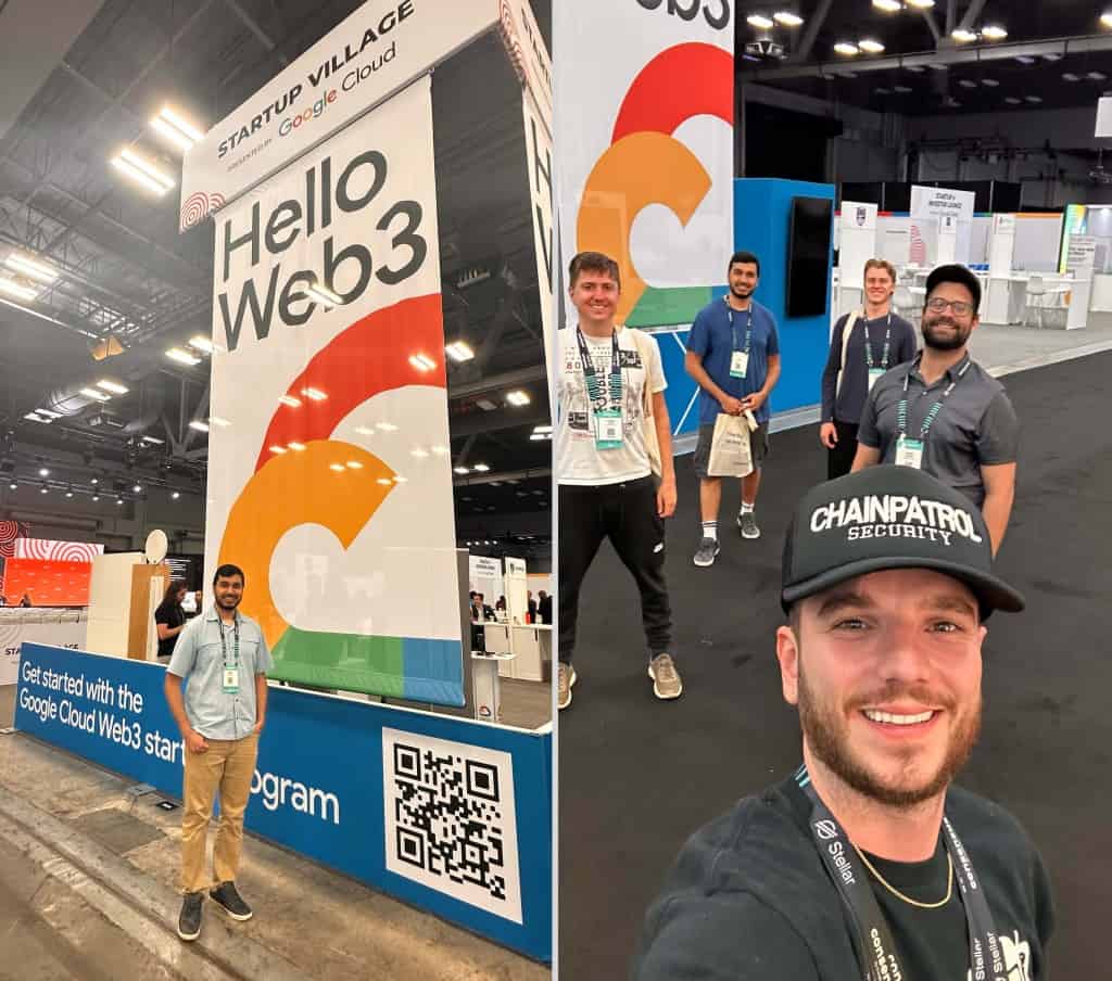 a group of men from ChainPatrol wearing lanyards at the Google Startup Village at Consensus